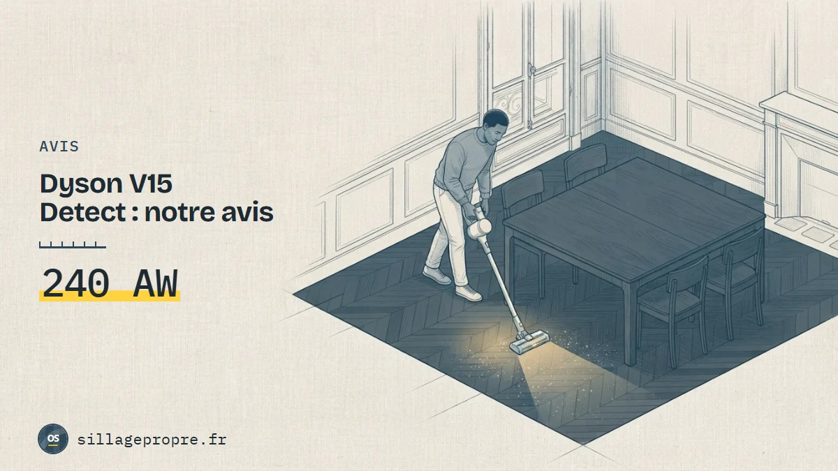 Dessin à l'encre façon plan d'architecte : un homme aspire sous une table, la brosse éclaire la poussière fine sur un parquet sombre