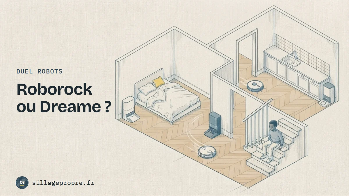 Dessin à l'encre façon plan d'architecte : deux robots aspirateurs partent l'un vers la chambre, l'autre vers la cuisine, un garçon les regarde depuis l'escalier